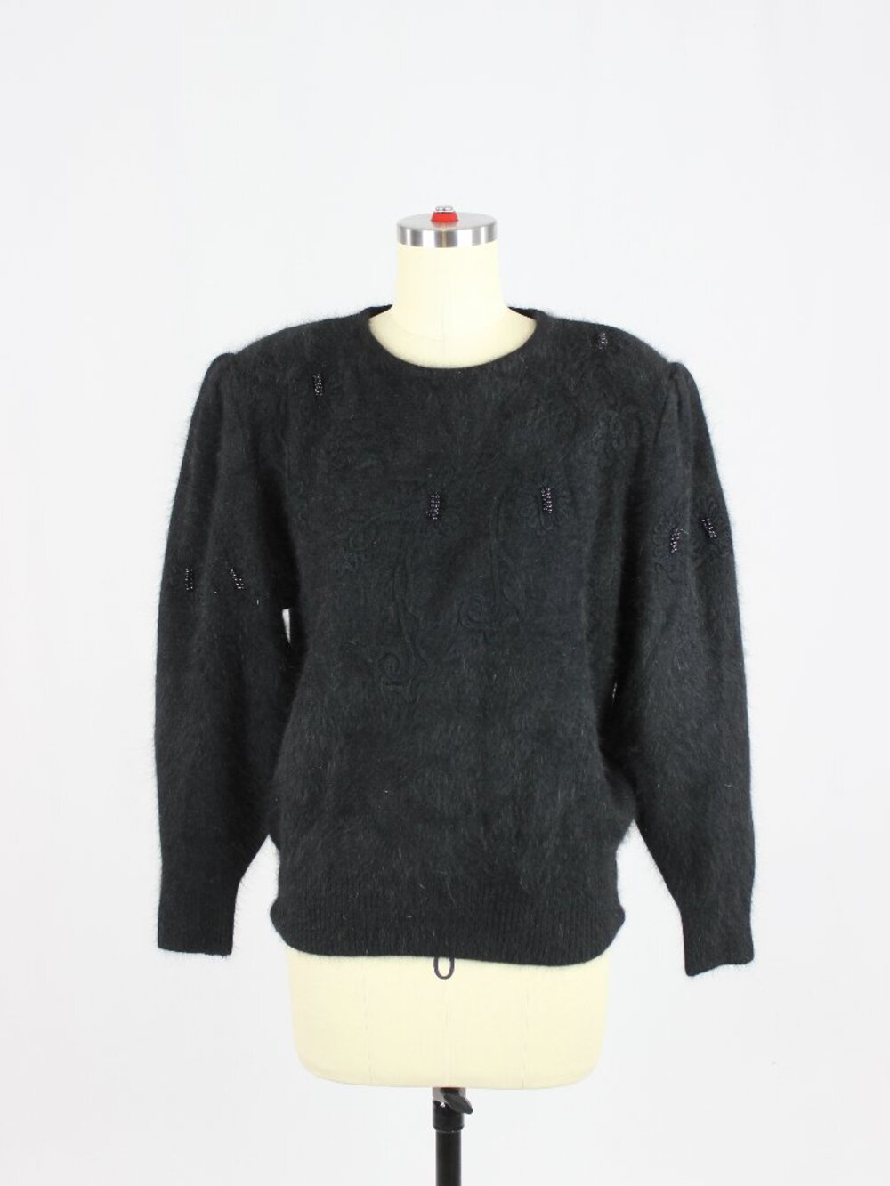 Vintage 00's Black Beaded Embroidered Fuzzy Wool Blend Knit Sweater, Size M